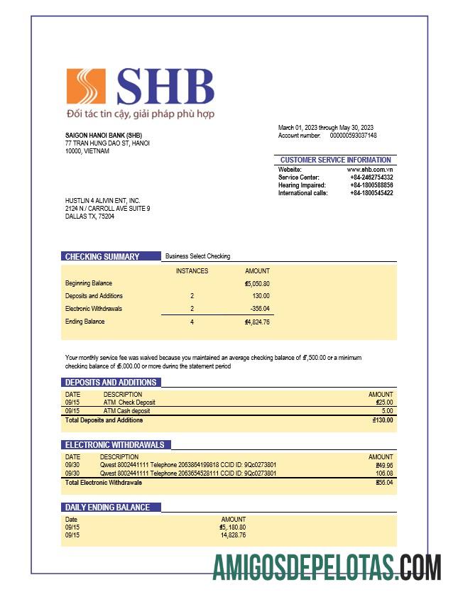 Em branco Saigon Hanoi Bank (SHB) Extrato de conta da organização modelo Word e PDF